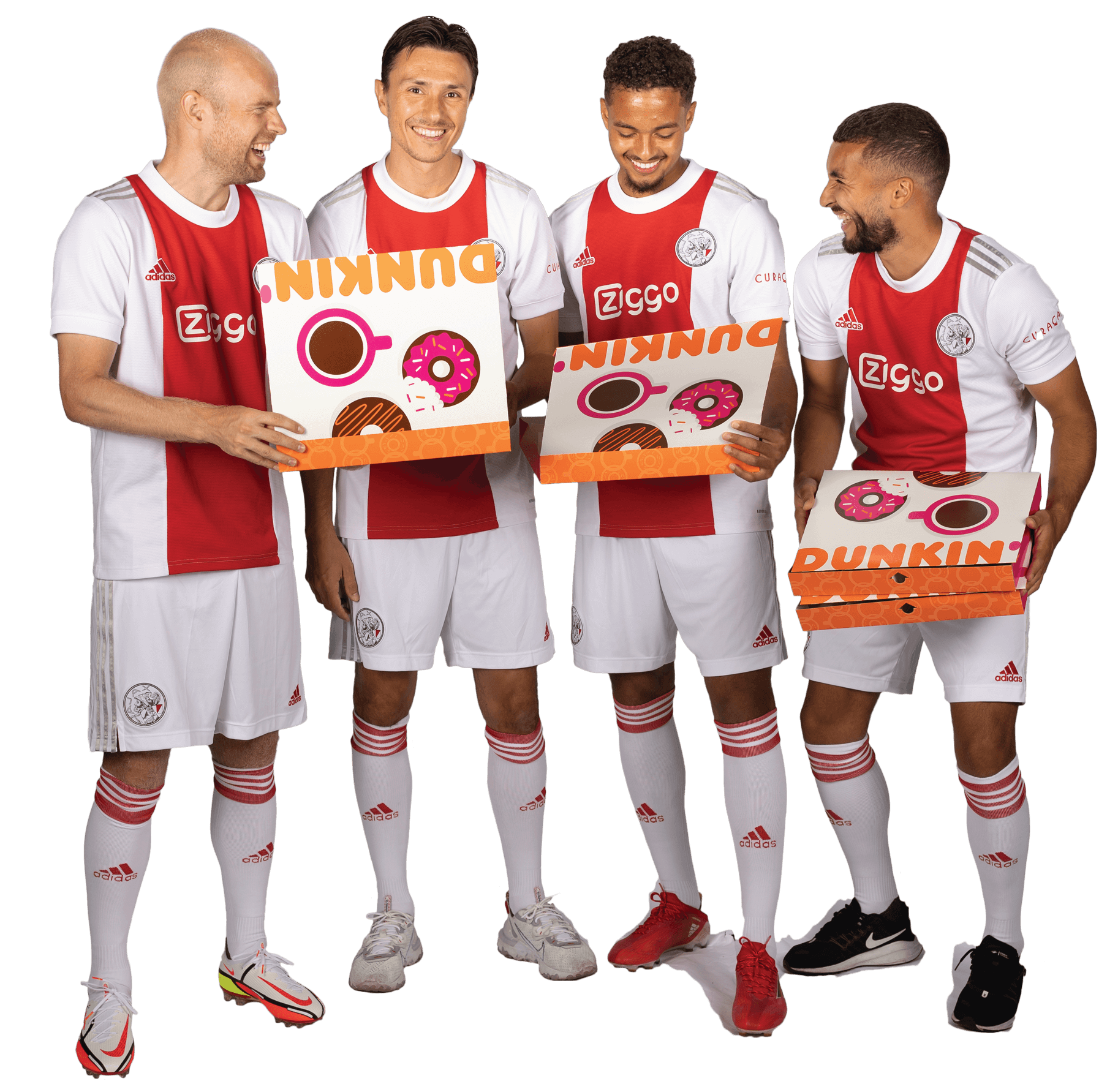 voetballers van Ajax die dunkin donuts vasthouden